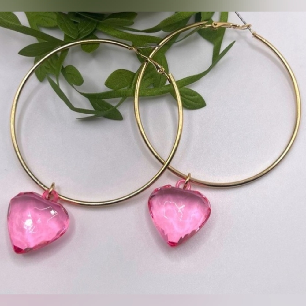 SALE $10. Golden Hoops w Dangling Hearts